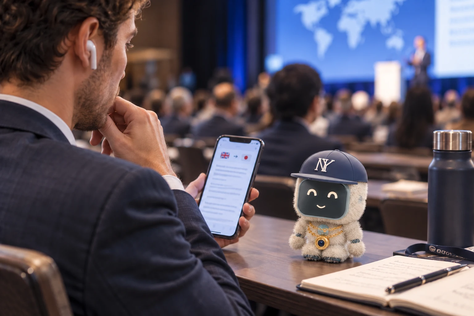 An adult attends an international conference with personal headphones. Concept illustration of the navy-cap Buddy with a fixed belly camera.