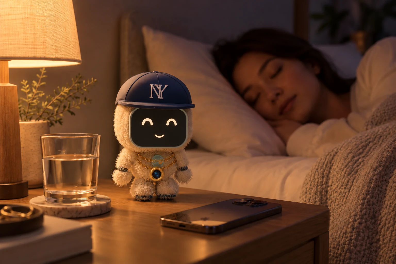 An adult chooses a limited night audio session and a scheduled alarm. Concept illustration of the navy-cap Buddy with a fixed belly camera.