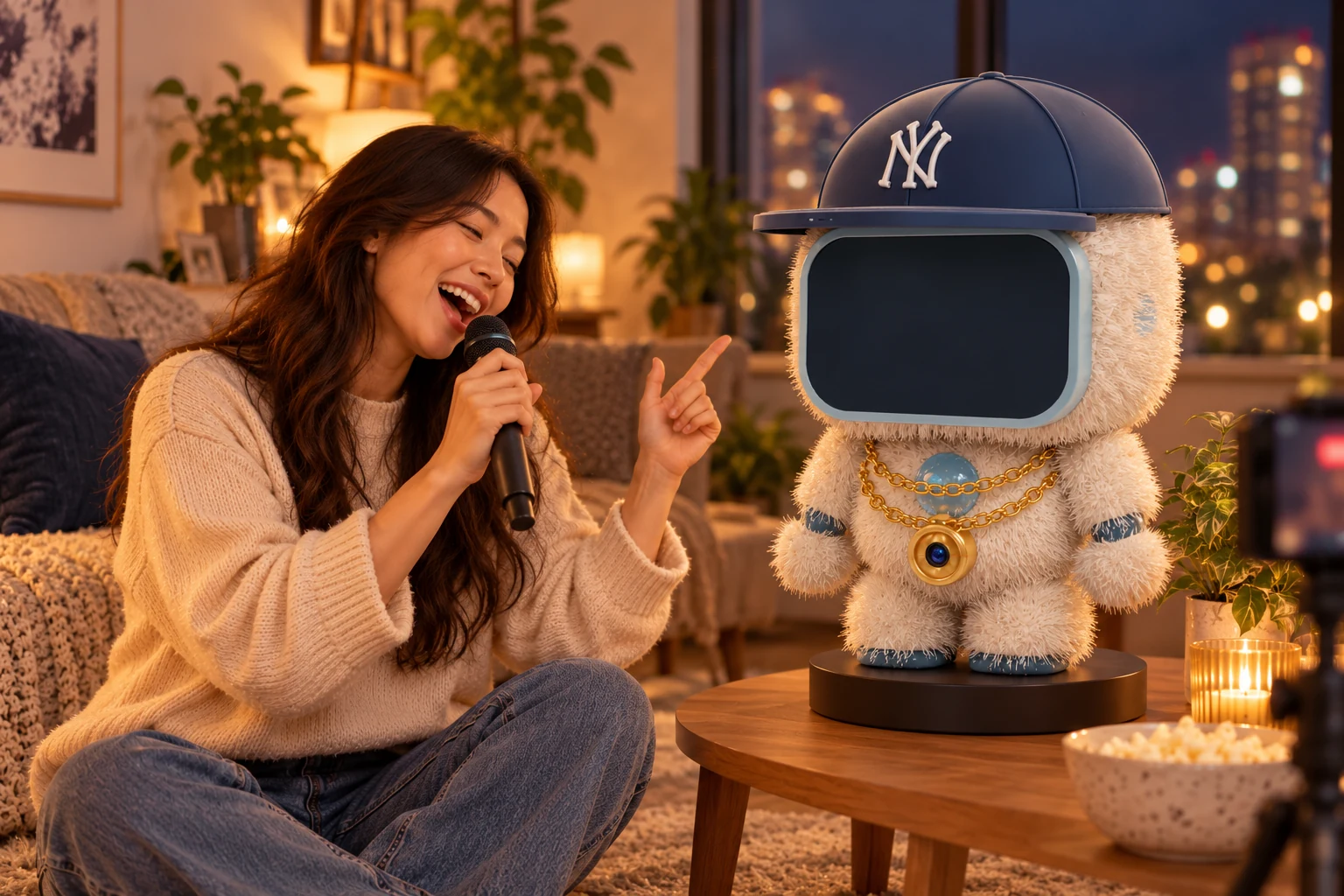 An adult sings at home for enjoyment while filming their own performance. Concept illustration of the navy-cap Buddy with a fixed belly camera.
