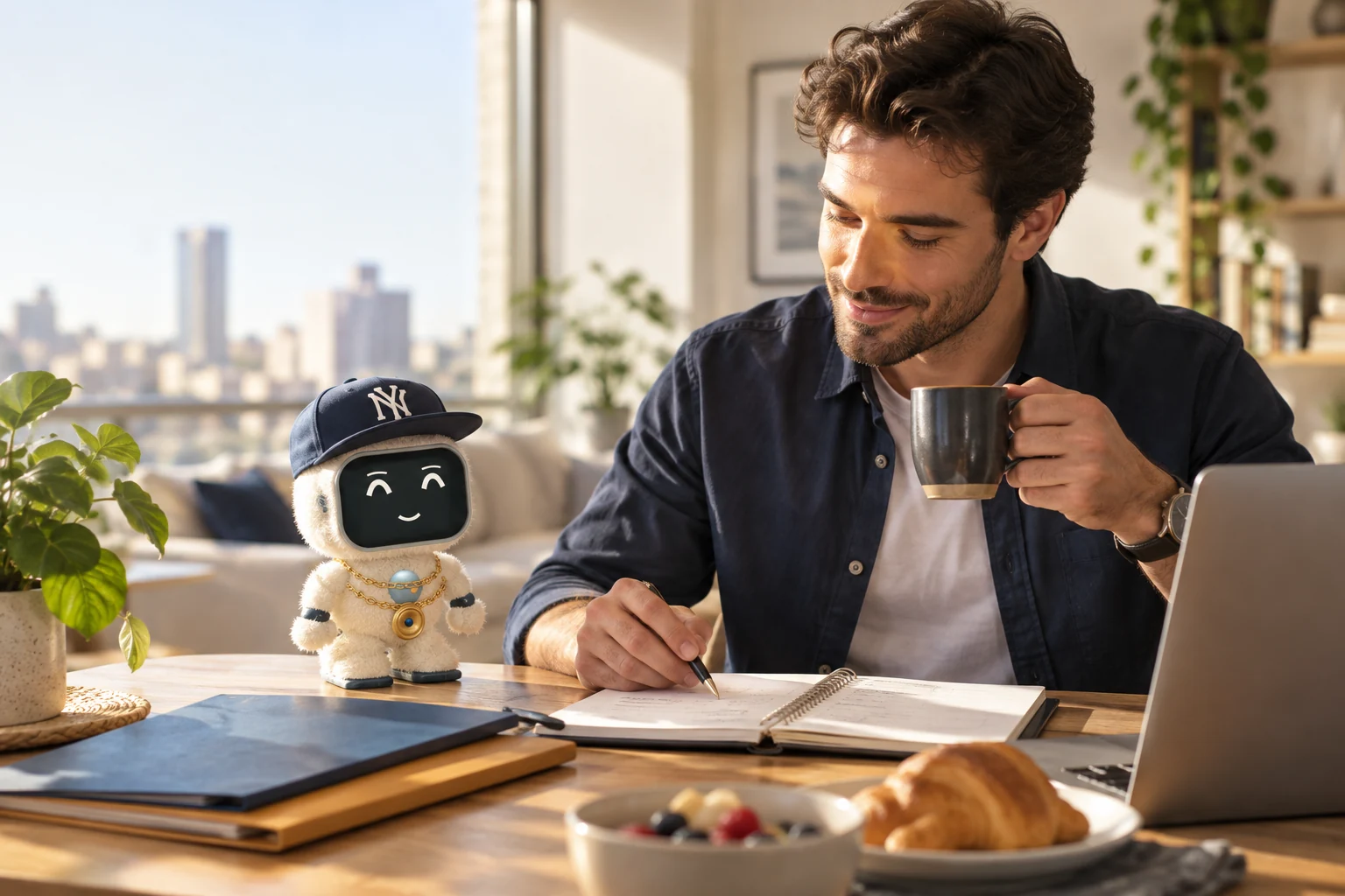 A professional has breakfast before meeting two different clients. Concept illustration of the navy NY-cap Buddy with a fixed belly camera.