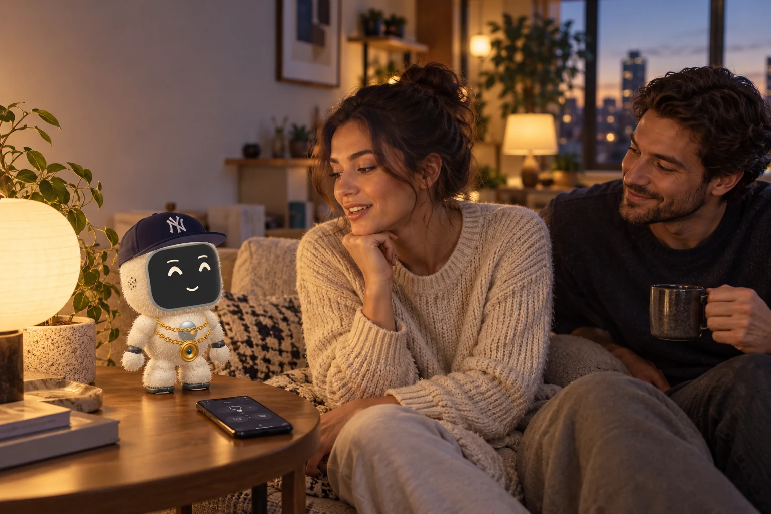 An adult wants a calm mode on compatible home lighting. Concept illustration of the navy NY-cap Buddy with a fixed belly camera.